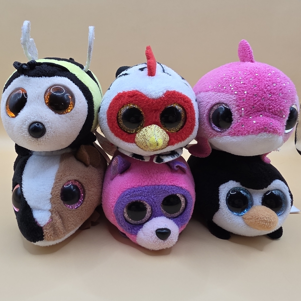 6 TY Teeny Tys 4" Zinger Bee, Rory Rooster, Floater Dolphin, Theo Guinea Pig